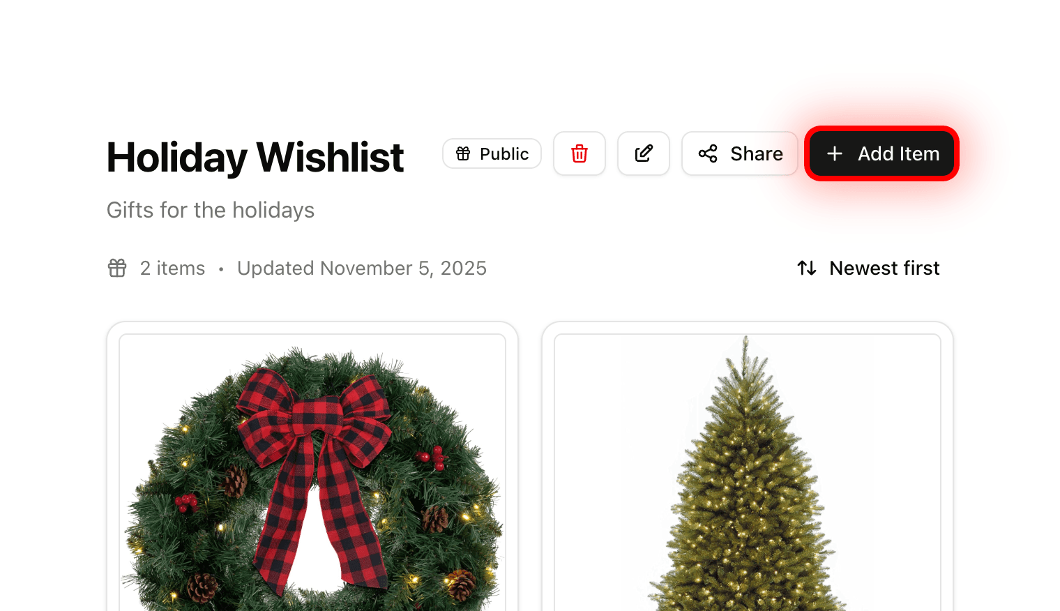Screenshot showing how to add items to a wishlist